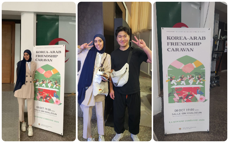 On the right a photo of the Korea-Arab Friendship Caravan banner, in the middle a photo of Honorary Reporter Anane Chaima with a member of the 'Expression Crew', and on the left a photo of Honorary Reporter Anane Chaima in front of the caravan banner