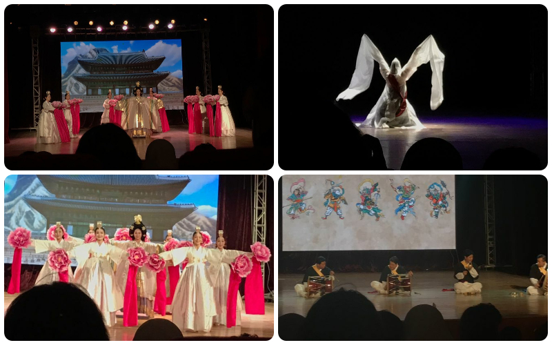 Jin Do Center troupe performances, on the left is the 'Hwa Gwan-mu' dance performance, on the right is the traditional talchum dance performance (top), and on the right is the Samullori performance (bottom)